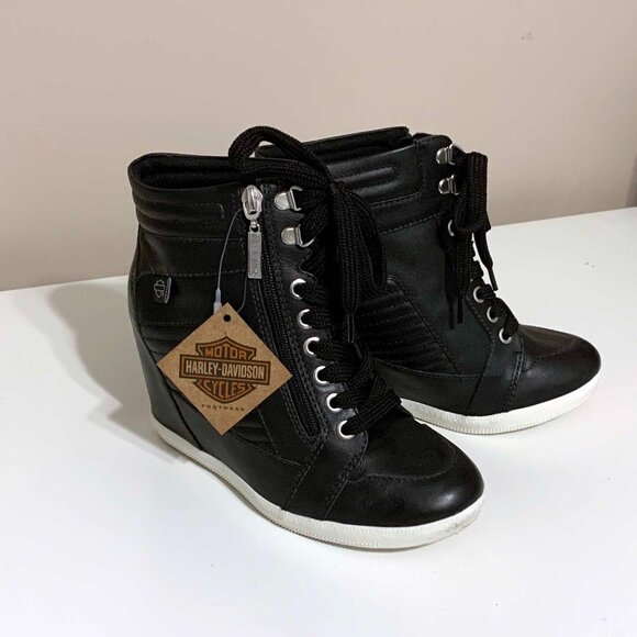 Harley-Davidson Shoes - Black Harley-Davidson Parkdale Zip-Up Leather Booties with Hidden 3.25" Wedge 7